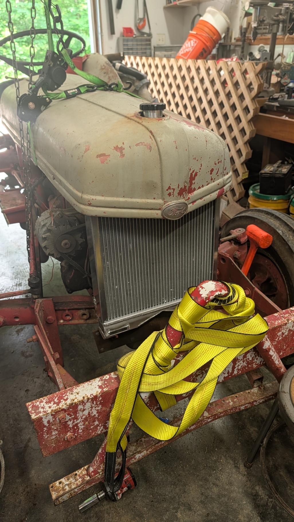 Ford tractor with a new aluminum radiator installed in the shop