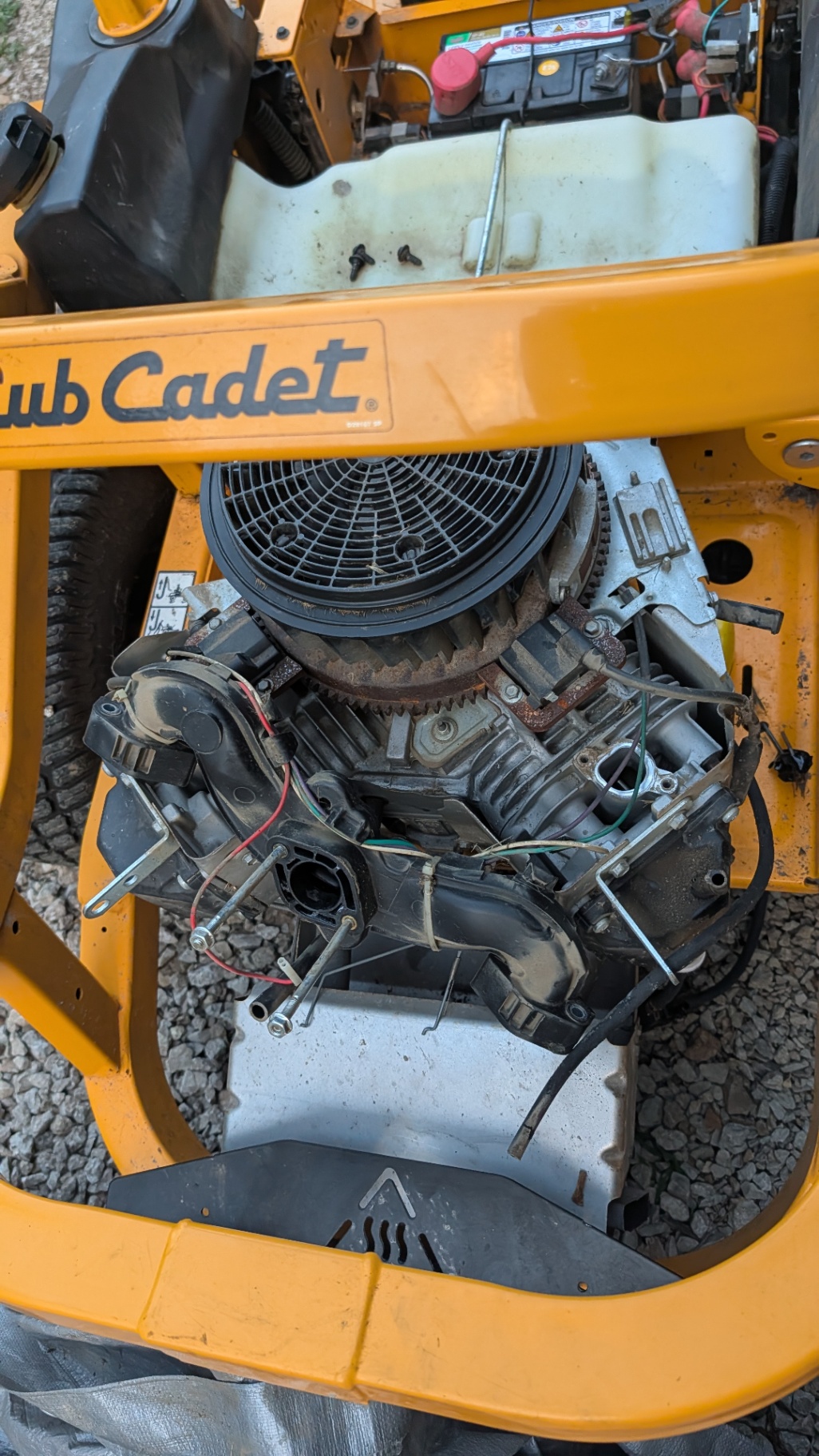 Cub Cadet mower engine with shrouds removed during a rebuild