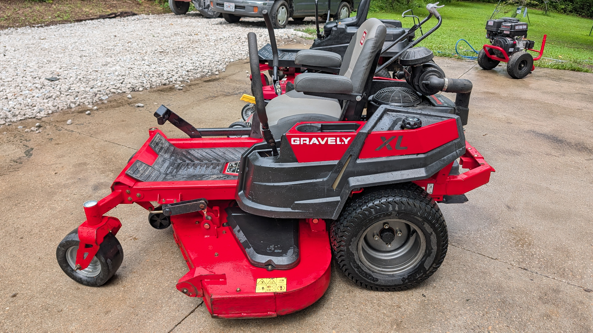 Gravely ZT XL zero-turn mower with a 52 inch deck on the shop drive