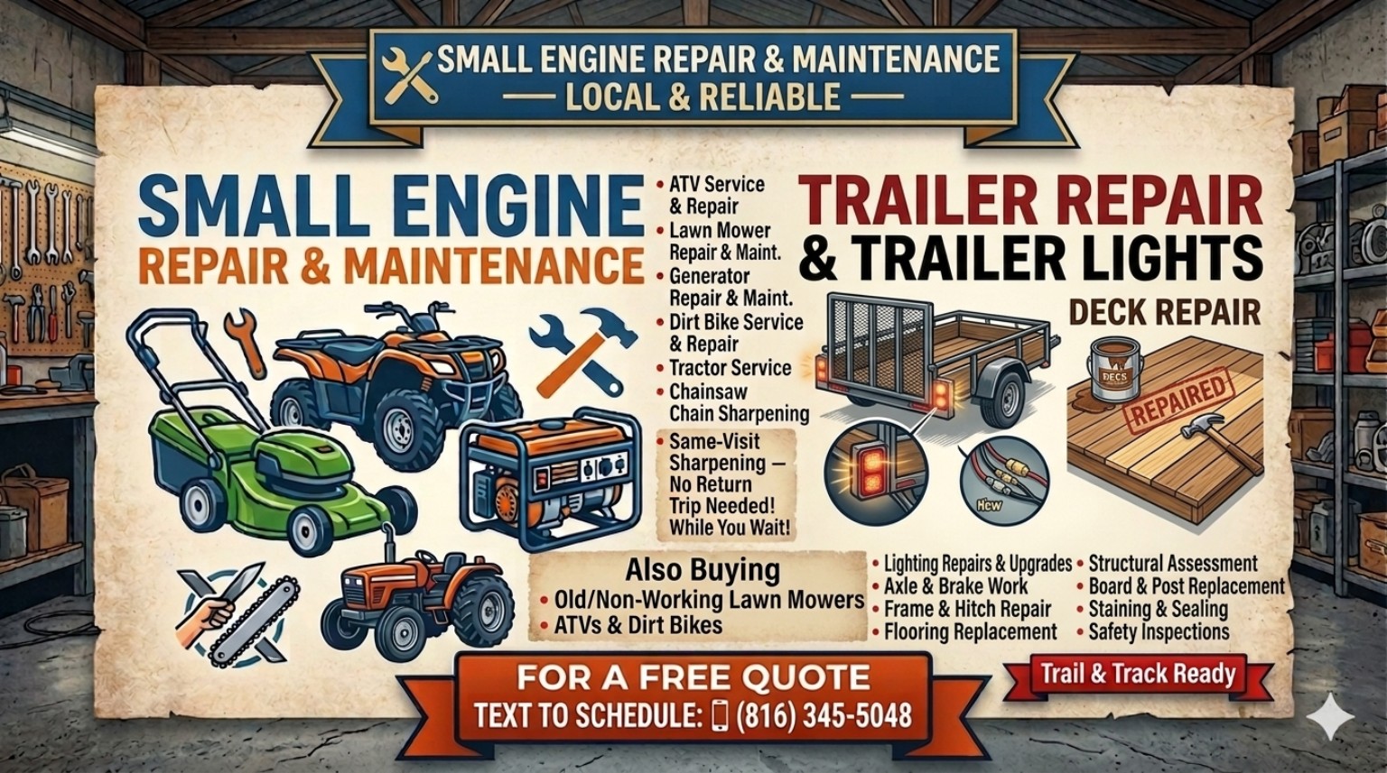 Speedy Engine Spark service flyer: small engine repair, ATV, mower, generator, dirt bike, tractor service, chainsaw and blade sharpening, trailer repair and lights, deck repair — text (816) 345-5048